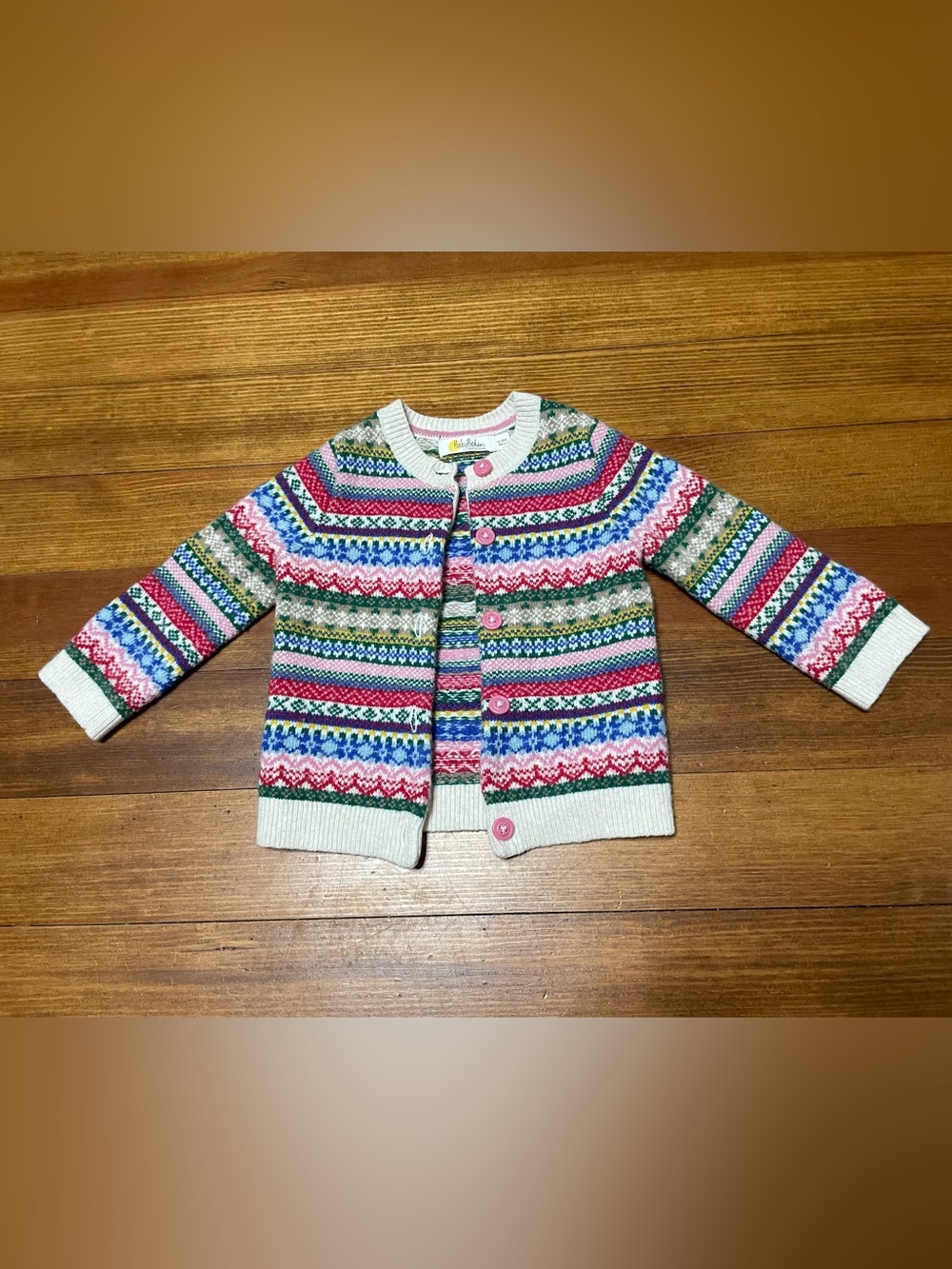 Baby Boden Multicolor Fair Isle Wool Blend Cardigan with Pink Buttons 12-18 Mon